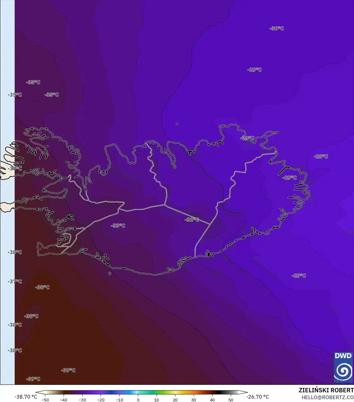 ICON نموذج - آيسلندا, درجة الحرارة 500 hPa