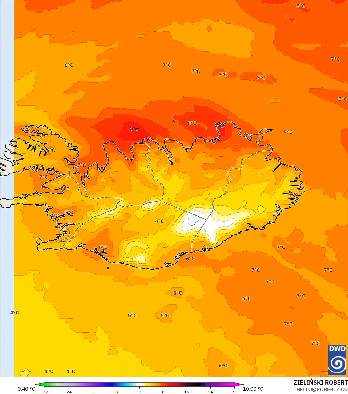 ICON نموذج - آيسلندا, انحراف درجة الحرارة 850 hPa