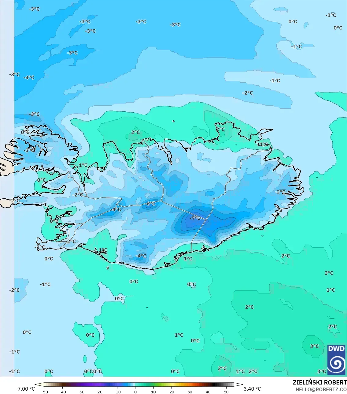 ICON نموذج - آيسلندا, درجة الحرارة 850 hPa