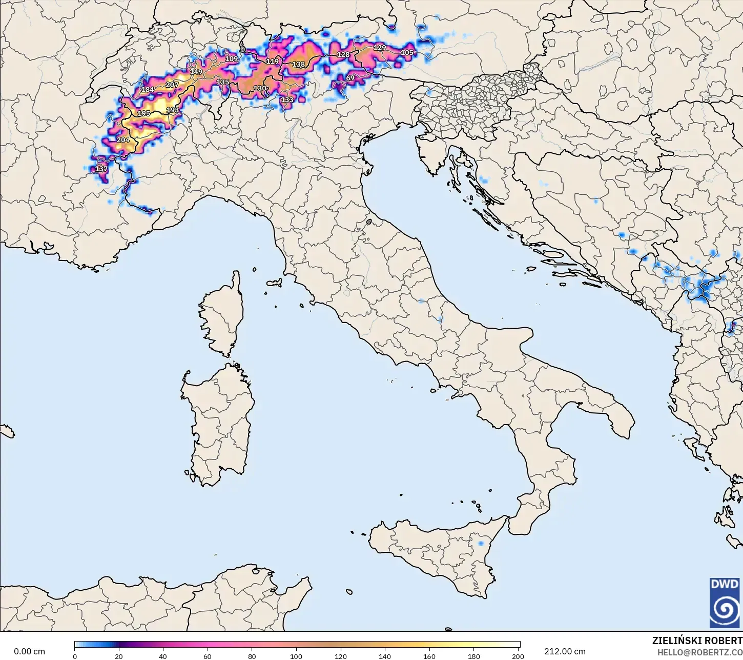 ICON نموذج - إيطاليا, عمق الثلج