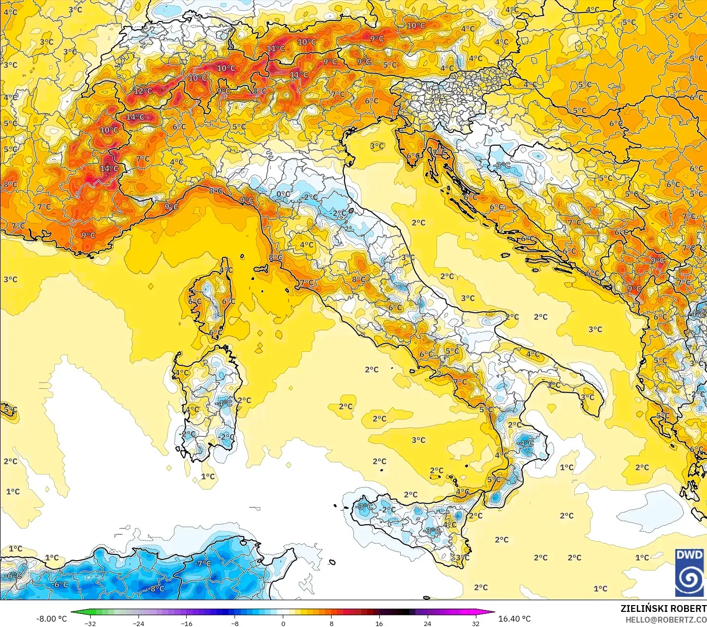 ICON نموذج - إيطاليا, انحراف درجة الحرارة 2 م