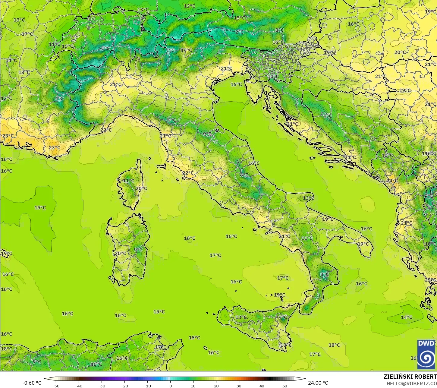 ICON نموذج - إيطاليا, درجة الحرارة على ارتفاع 2 م