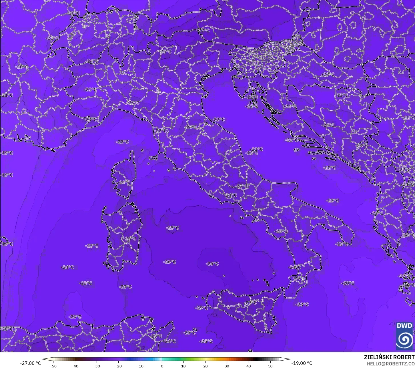 ICON نموذج - إيطاليا, درجة الحرارة 500 hPa