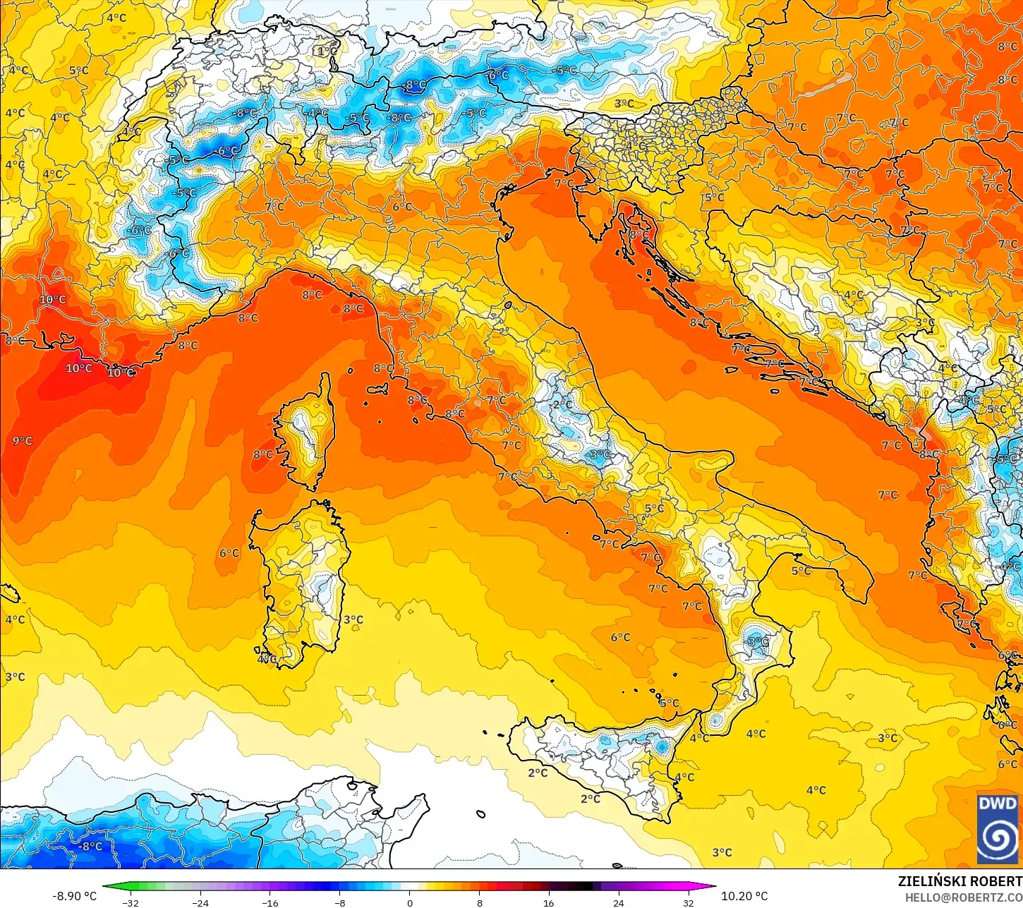 ICON نموذج - إيطاليا, انحراف درجة الحرارة 850 hPa