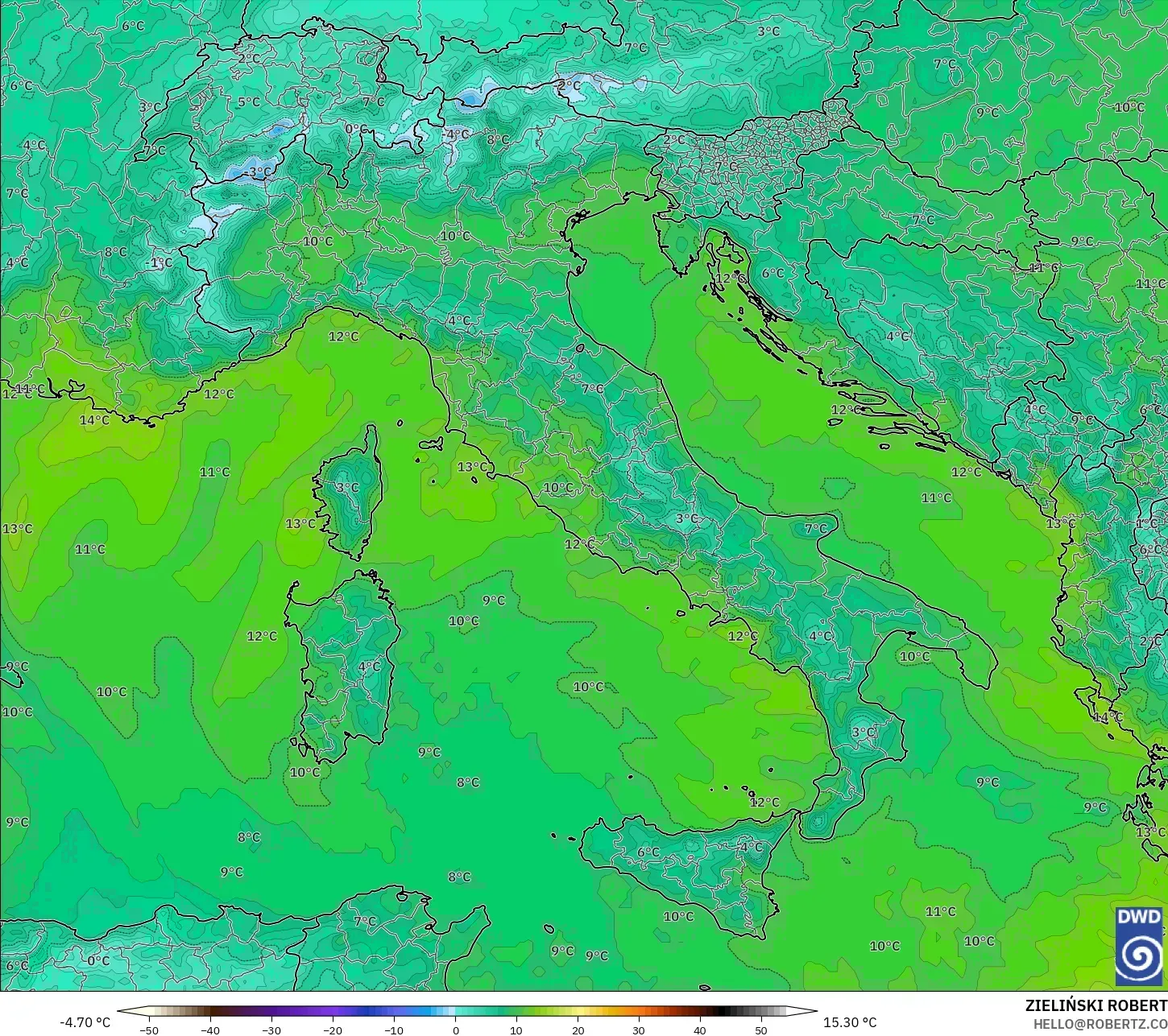 ICON نموذج - إيطاليا, درجة الحرارة 850 hPa