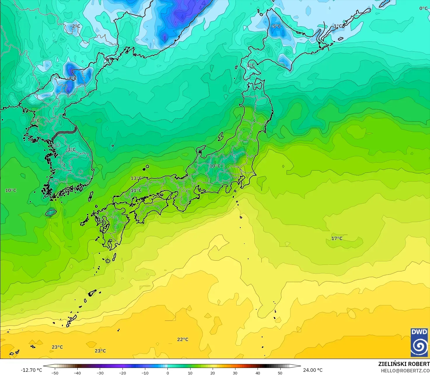 ICON model - Japan, Dewpoint at 2m