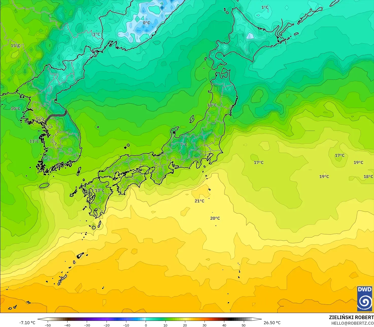 ICON نموذج - اليابان, درجة الحرارة على ارتفاع 2 م