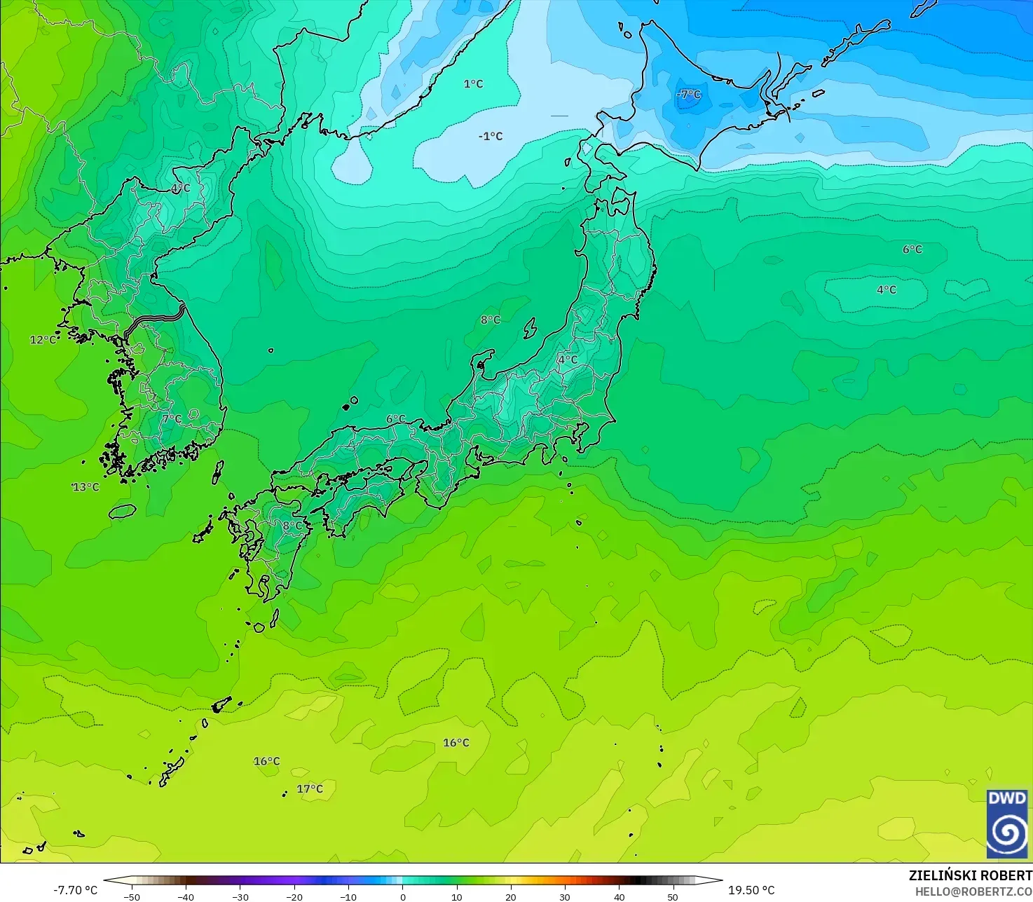 ICON نموذج - اليابان, درجة الحرارة 850 hPa