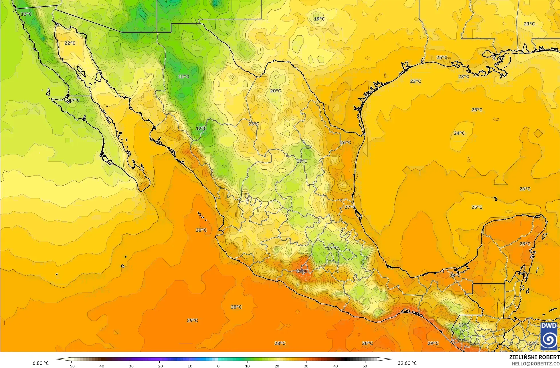 ICON نموذج - المكسيك, درجة الحرارة على ارتفاع 2 م