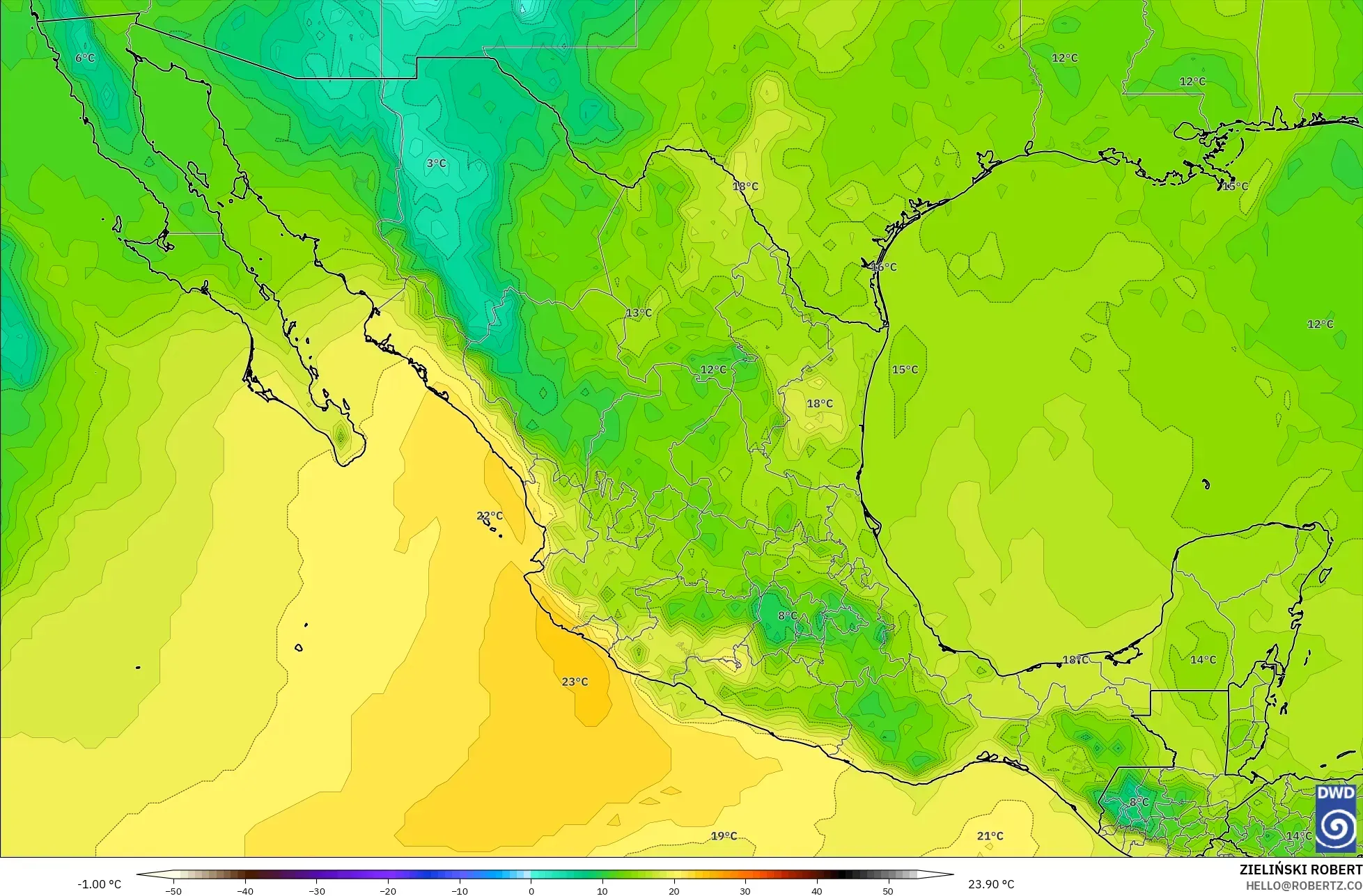 ICON نموذج - المكسيك, درجة الحرارة 850 hPa
