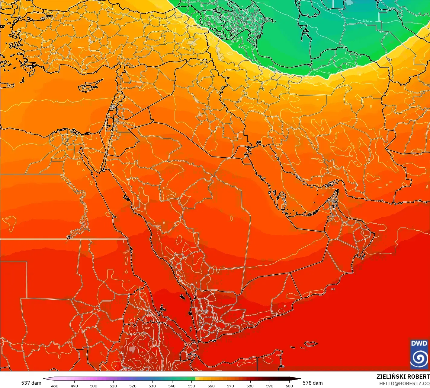ICON model - Middle East, Geopotential height at 500hPa