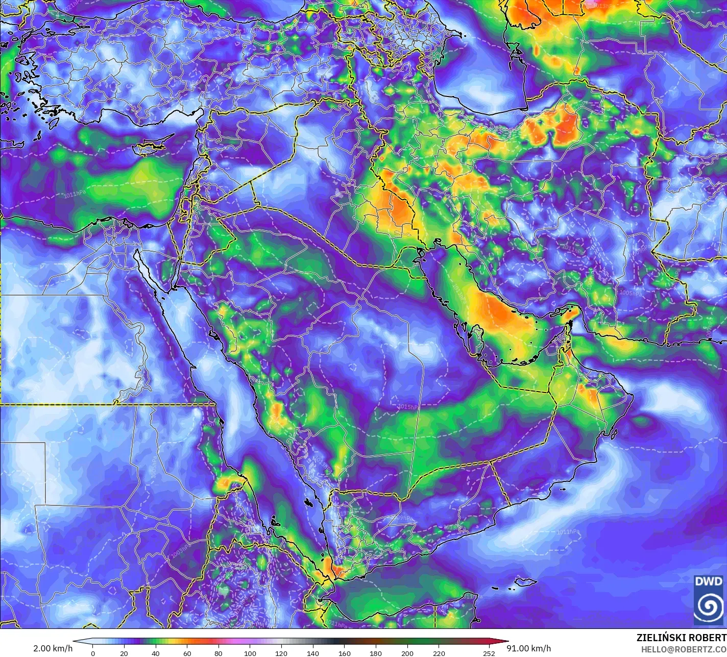 ICON نموذج - الشرق الأوسط, هبات الرياح