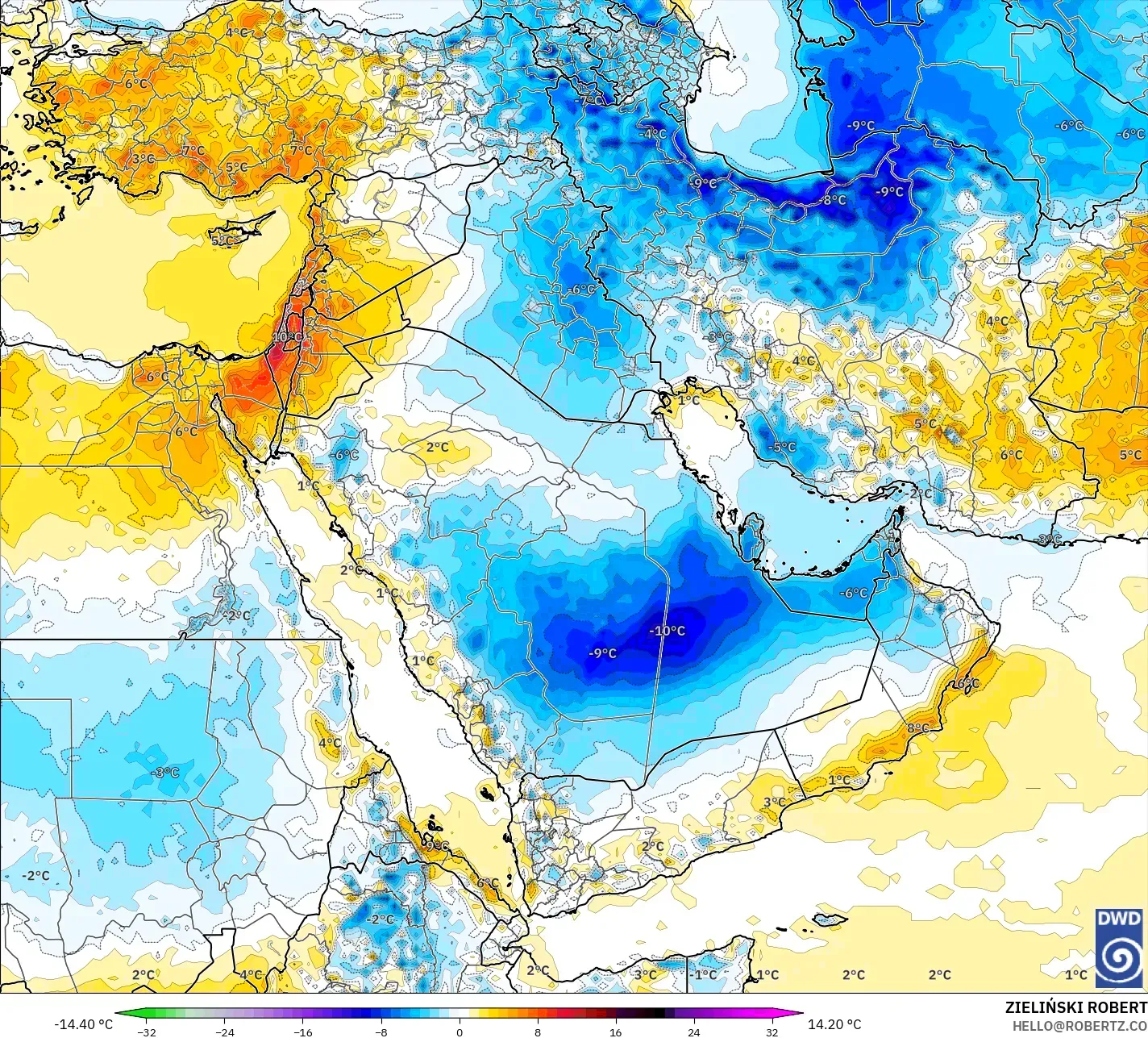 ICON نموذج - الشرق الأوسط, انحراف درجة الحرارة 2 م