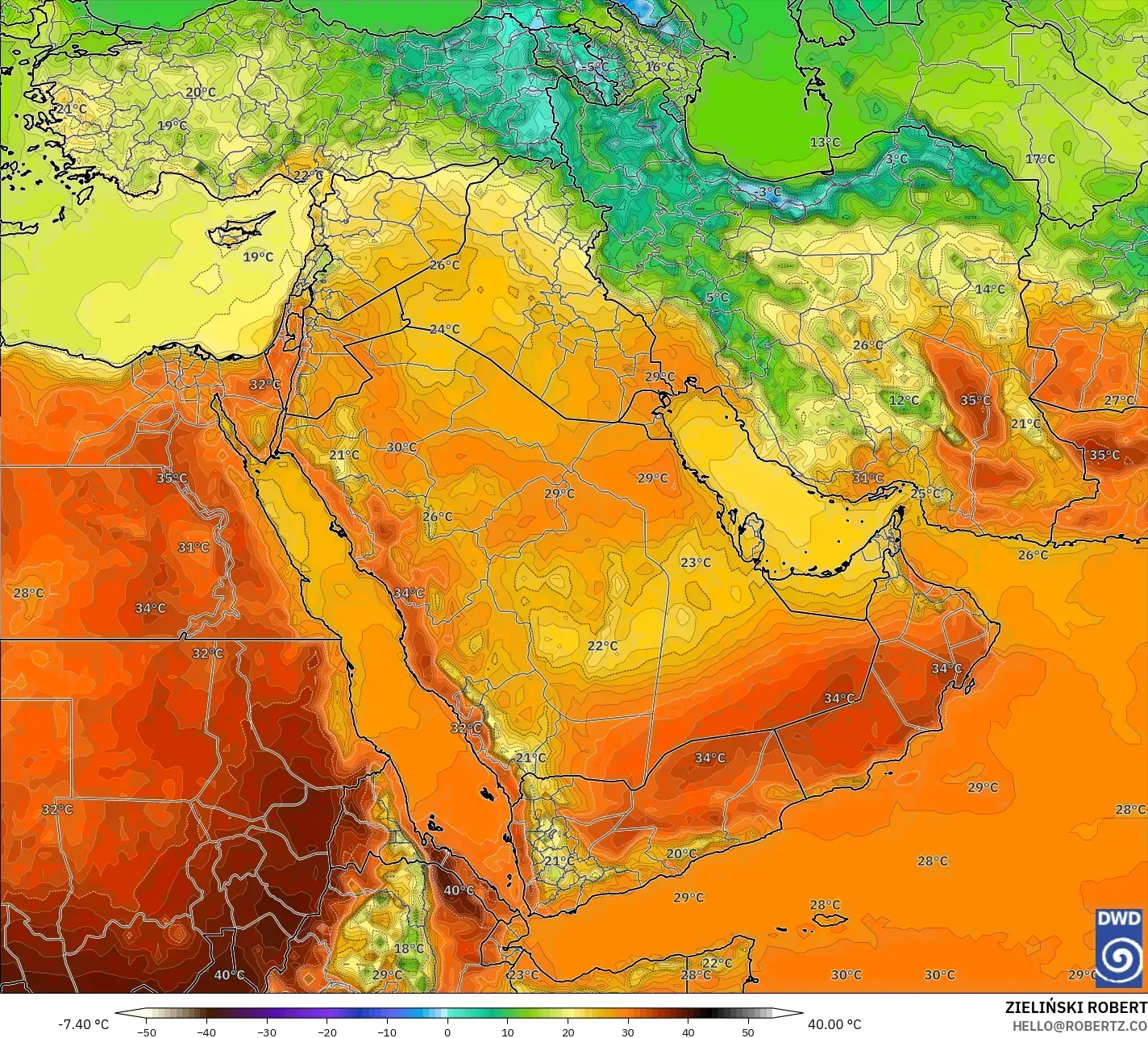 ICON نموذج - الشرق الأوسط, درجة الحرارة على ارتفاع 2 م