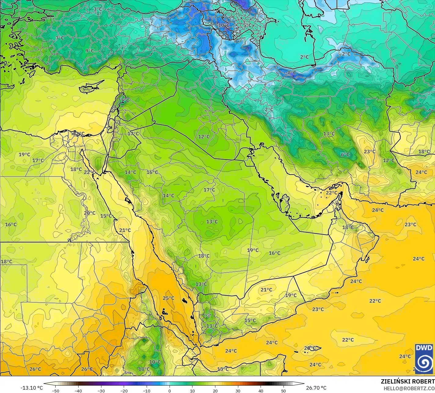 ICON نموذج - الشرق الأوسط, درجة الحرارة 850 hPa
