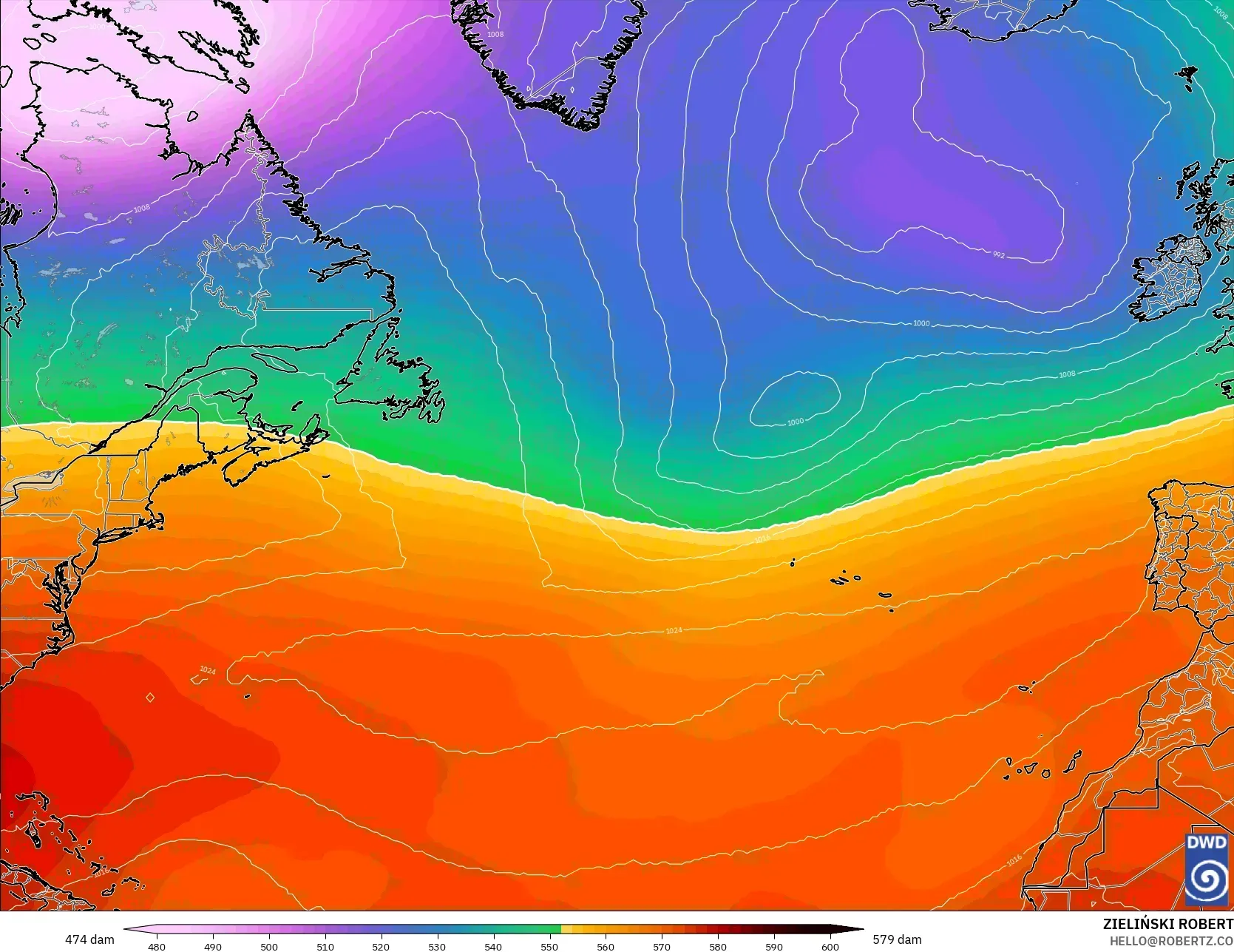 ICON model - North Atlantic, Geopotential height at 500hPa