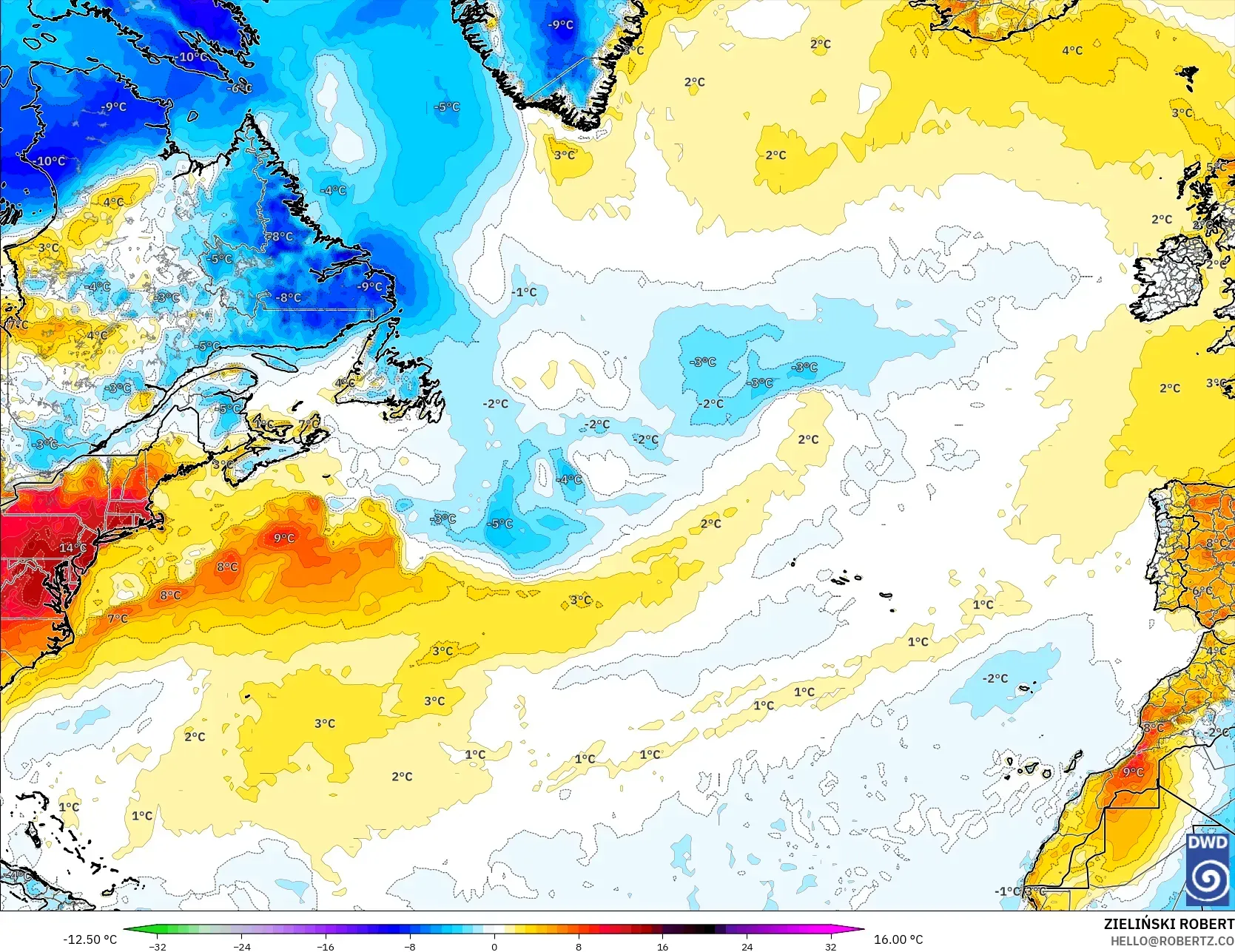 ICON نموذج - شمال الأطلسي, انحراف درجة الحرارة 2 م