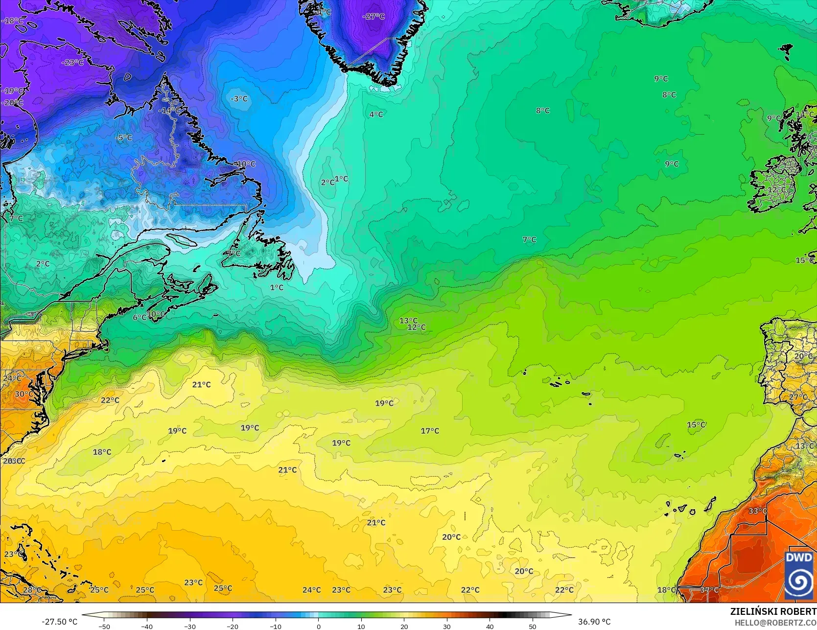 ICON نموذج - شمال الأطلسي, درجة الحرارة على ارتفاع 2 م