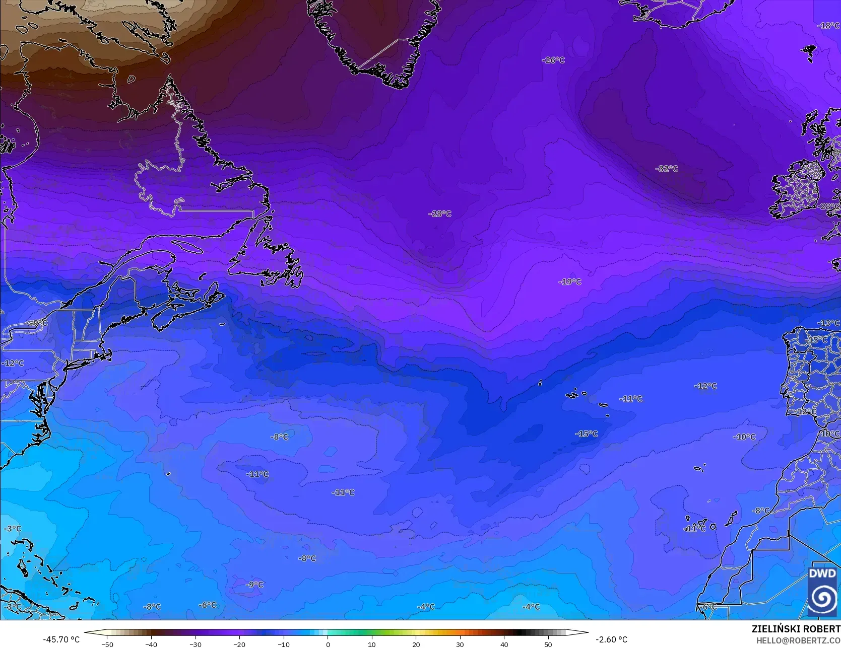 ICON نموذج - شمال الأطلسي, درجة الحرارة 500 hPa