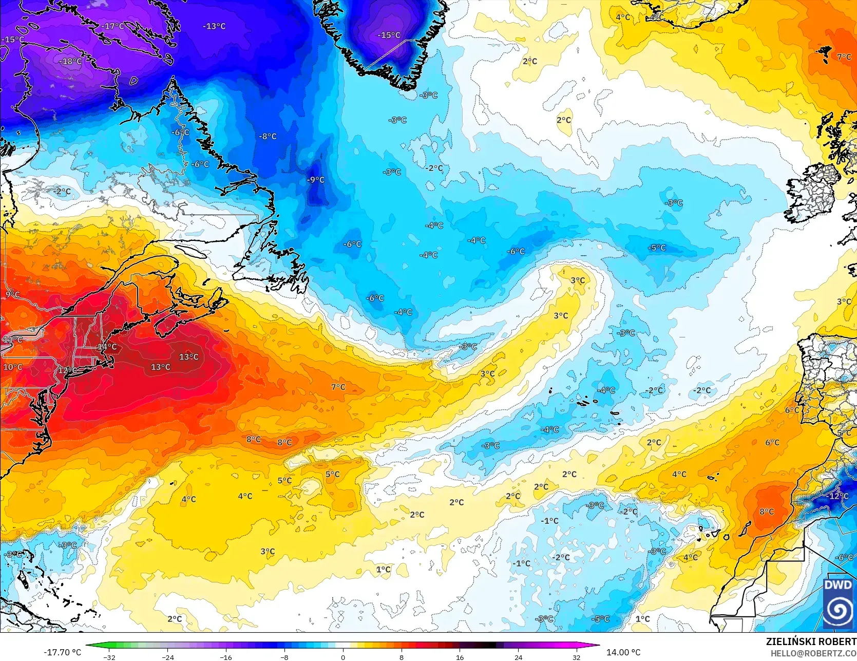 ICON نموذج - شمال الأطلسي, انحراف درجة الحرارة 850 hPa