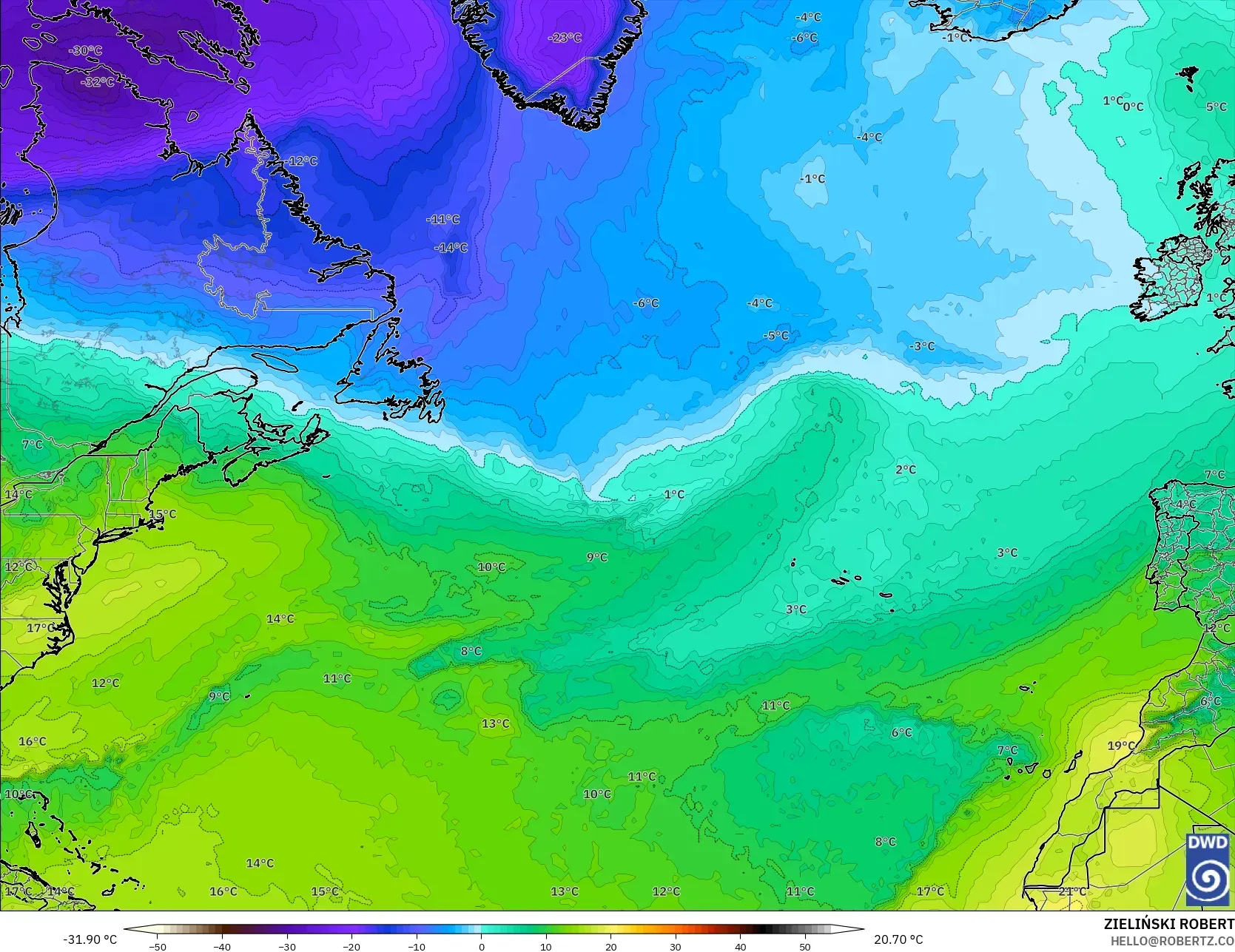 ICON نموذج - شمال الأطلسي, درجة الحرارة 850 hPa