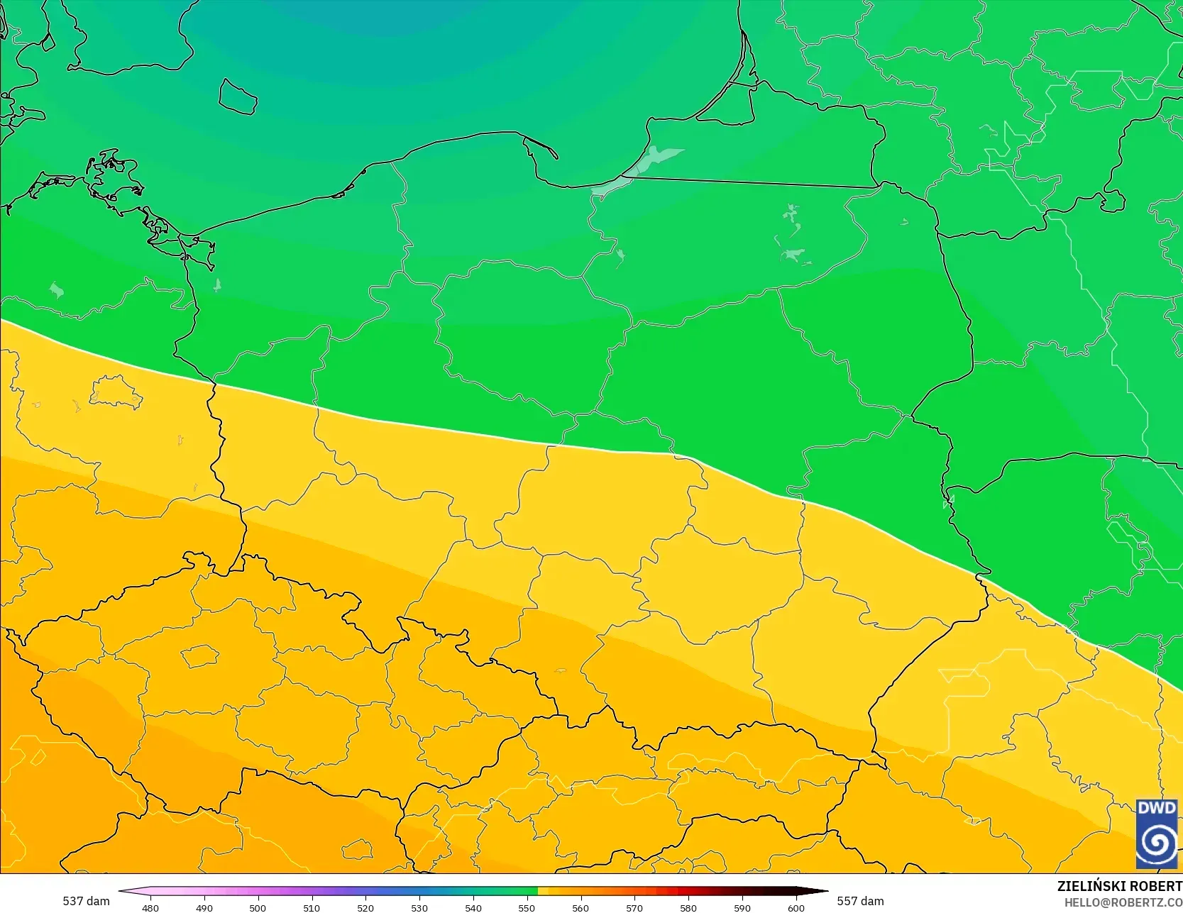 ICON model - Poland, Geopotential height at 500hPa