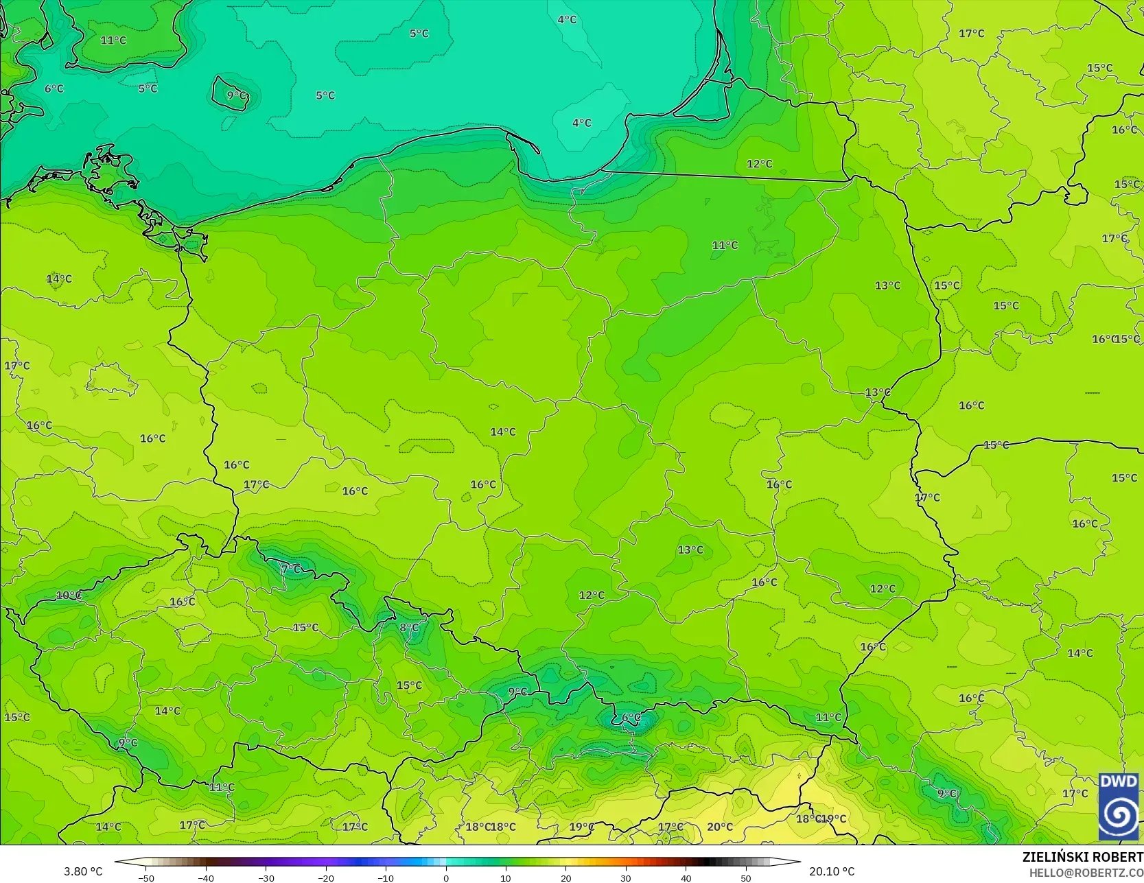 ICON نموذج - بولندا, درجة الحرارة على ارتفاع 2 م