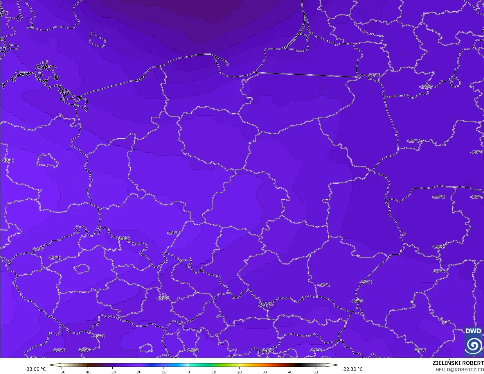 ICON نموذج - بولندا, درجة الحرارة 500 hPa