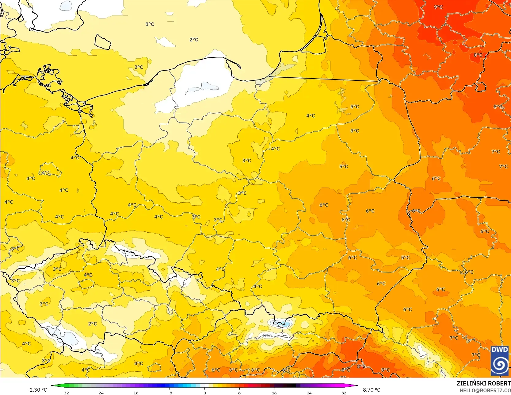 ICON نموذج - بولندا, انحراف درجة الحرارة 850 hPa