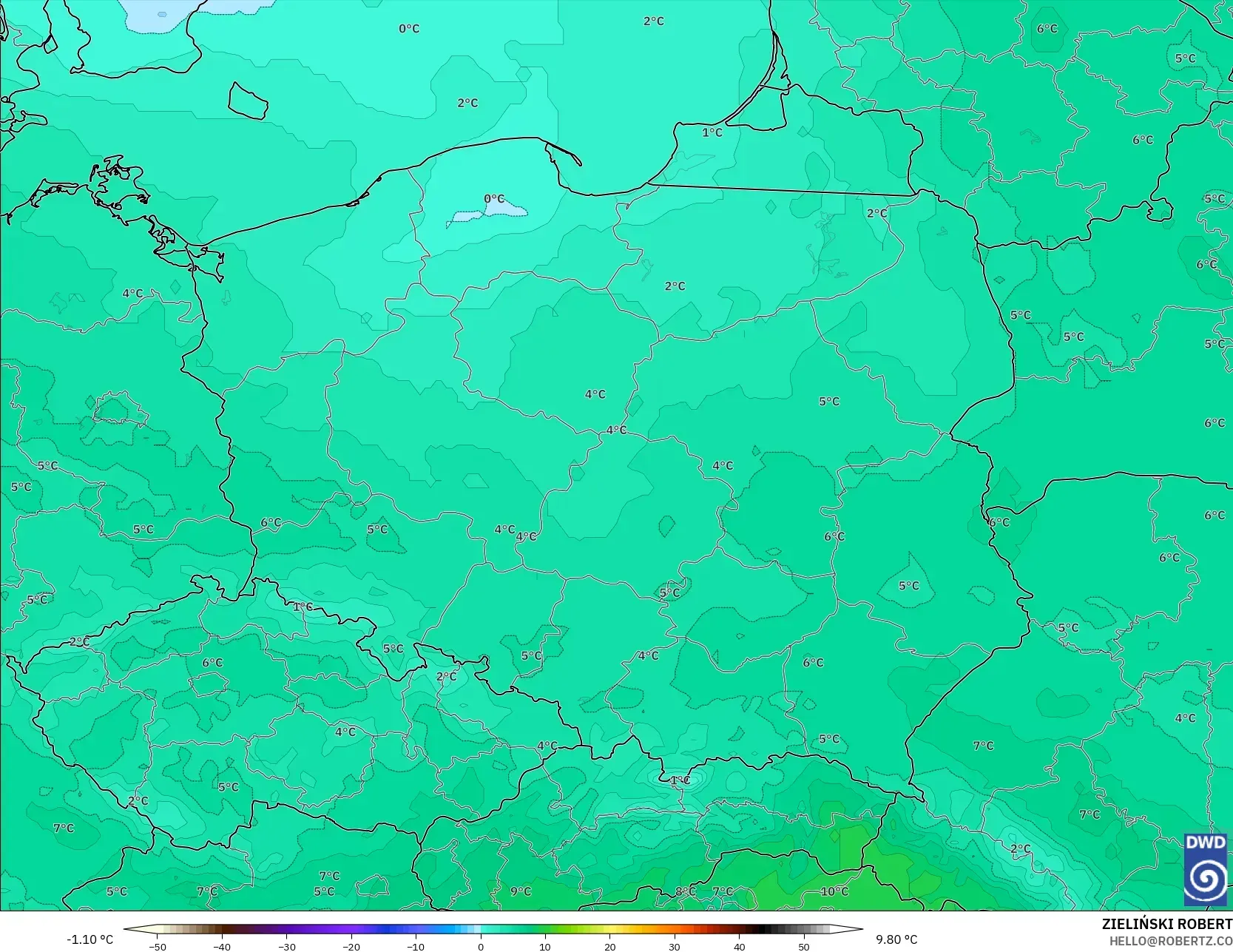 ICON نموذج - بولندا, درجة الحرارة 850 hPa