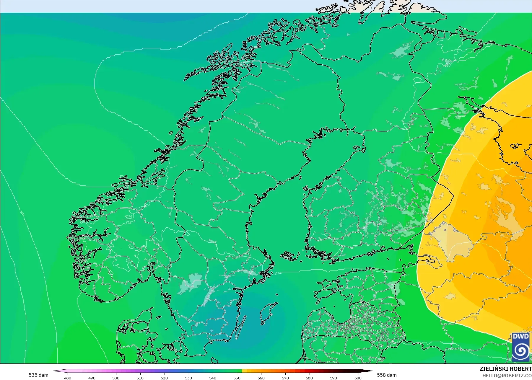 ICON model - Scandinavia, Geopotential height at 500hPa