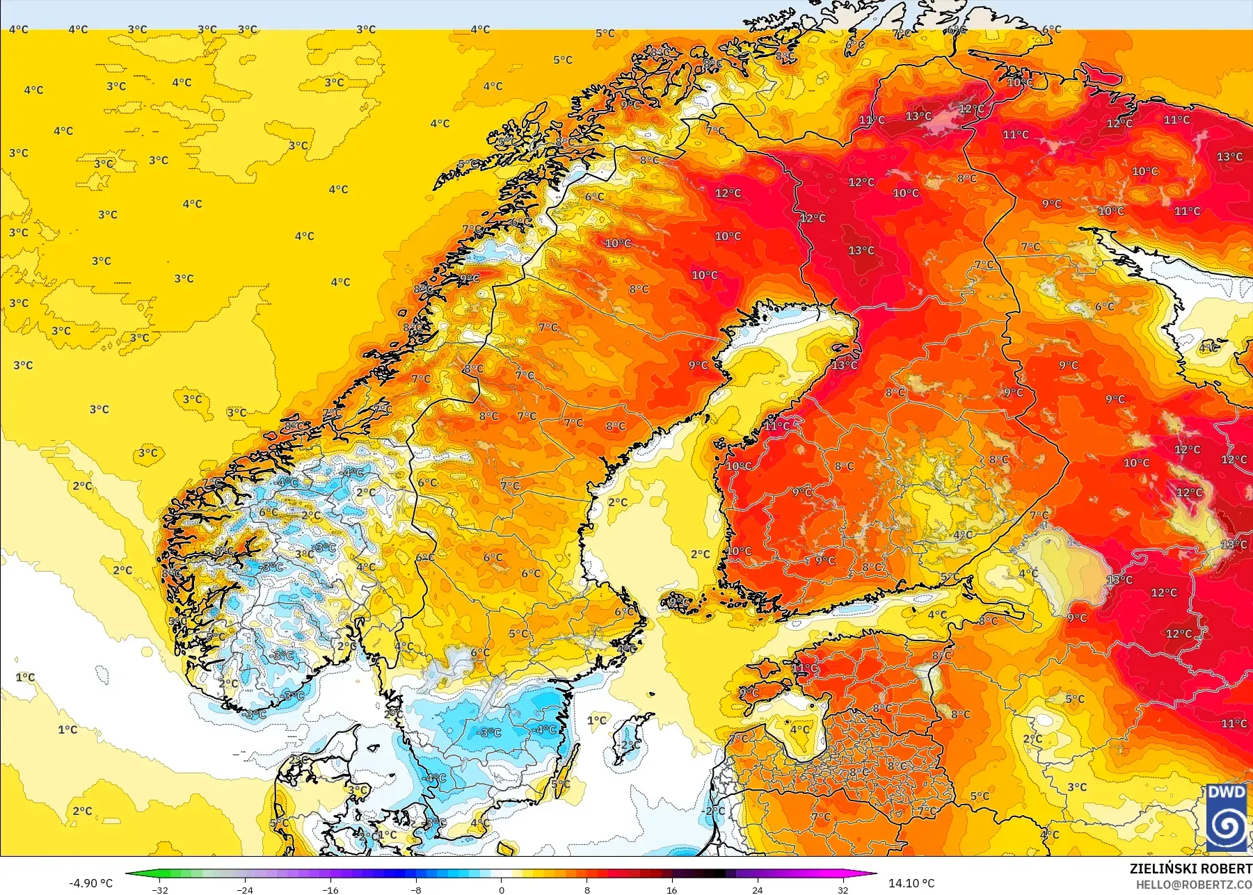 ICON نموذج - إسكندنافيا, انحراف درجة الحرارة 2 م