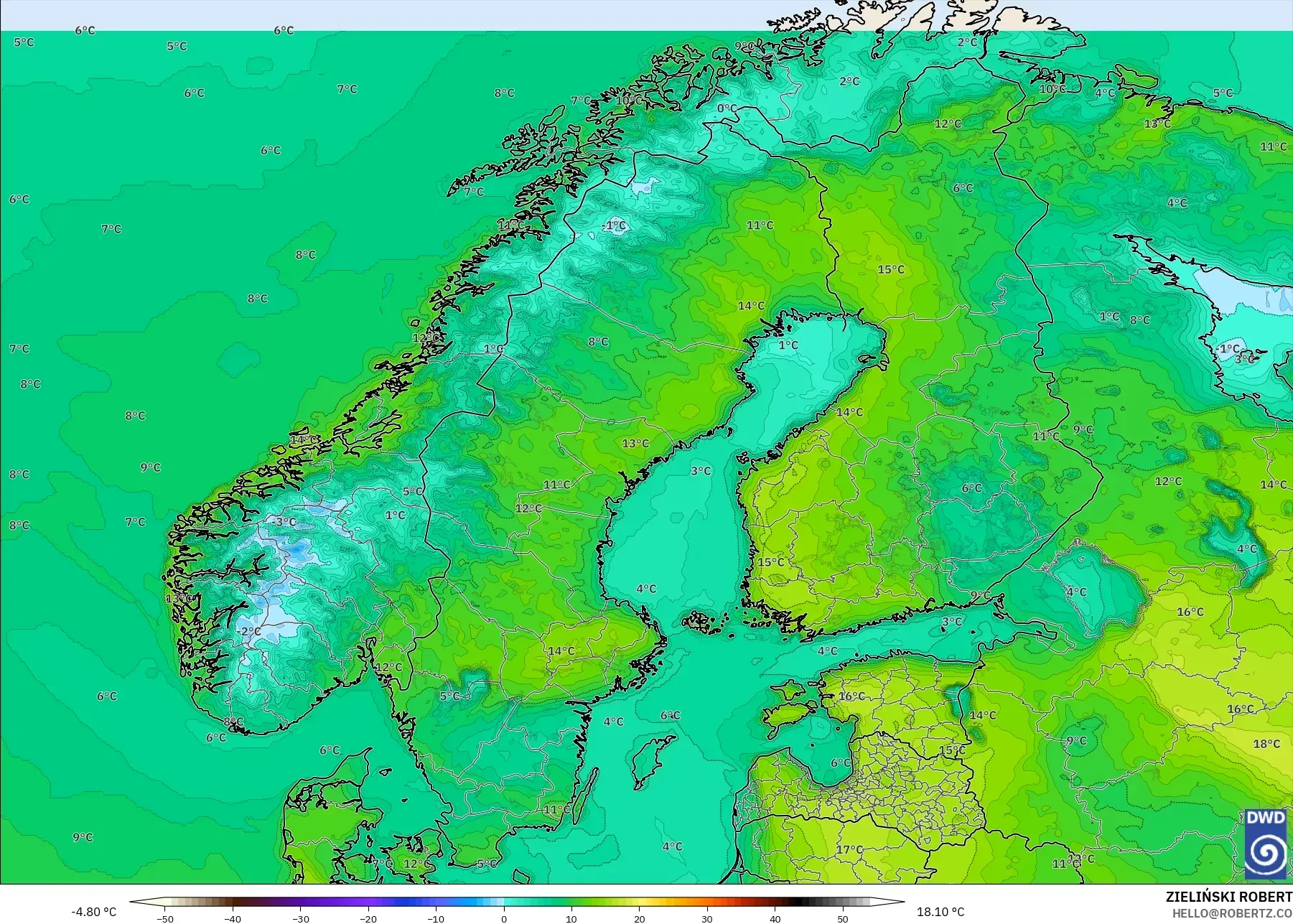 ICON نموذج - إسكندنافيا, درجة الحرارة على ارتفاع 2 م