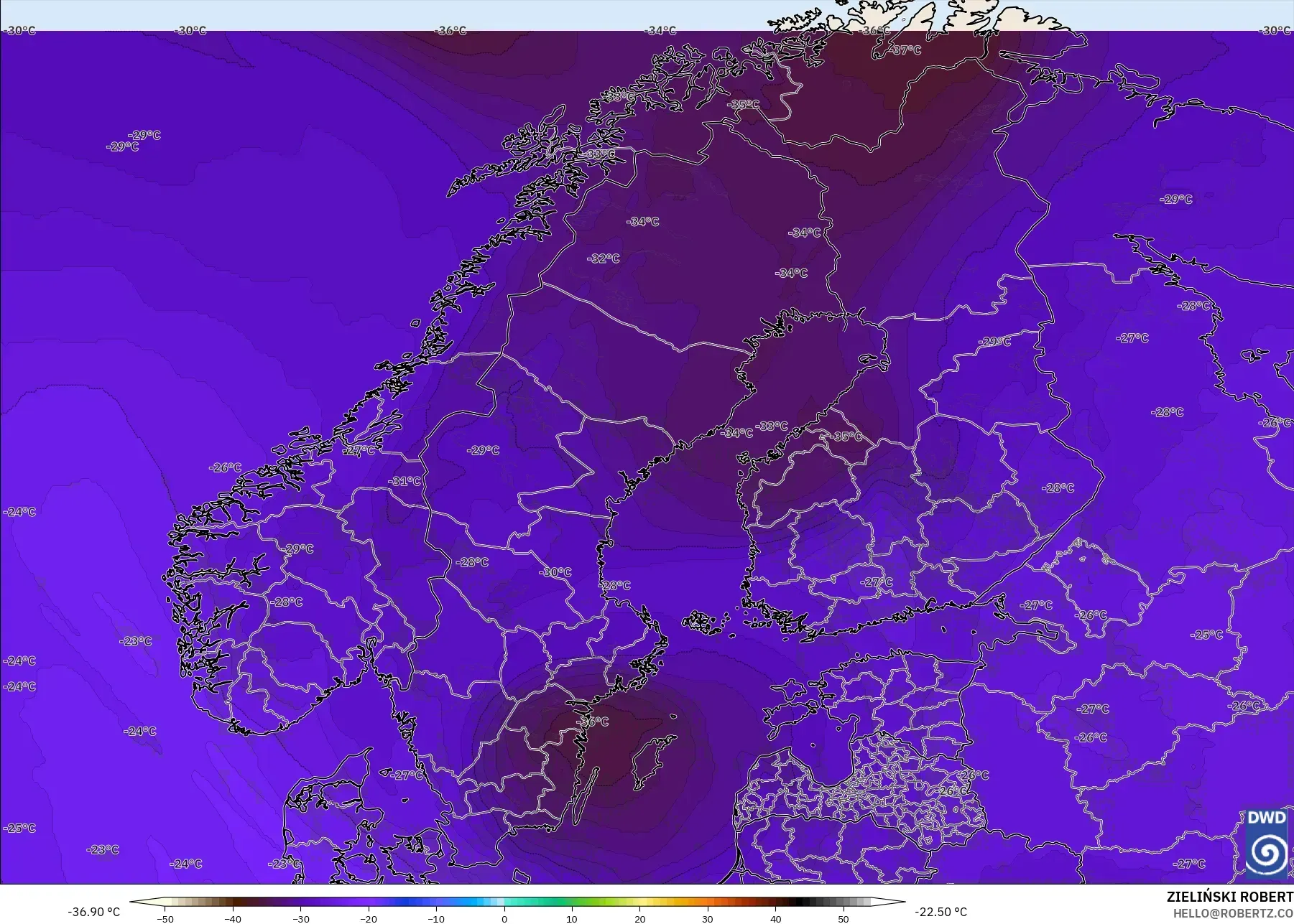 ICON نموذج - إسكندنافيا, درجة الحرارة 500 hPa