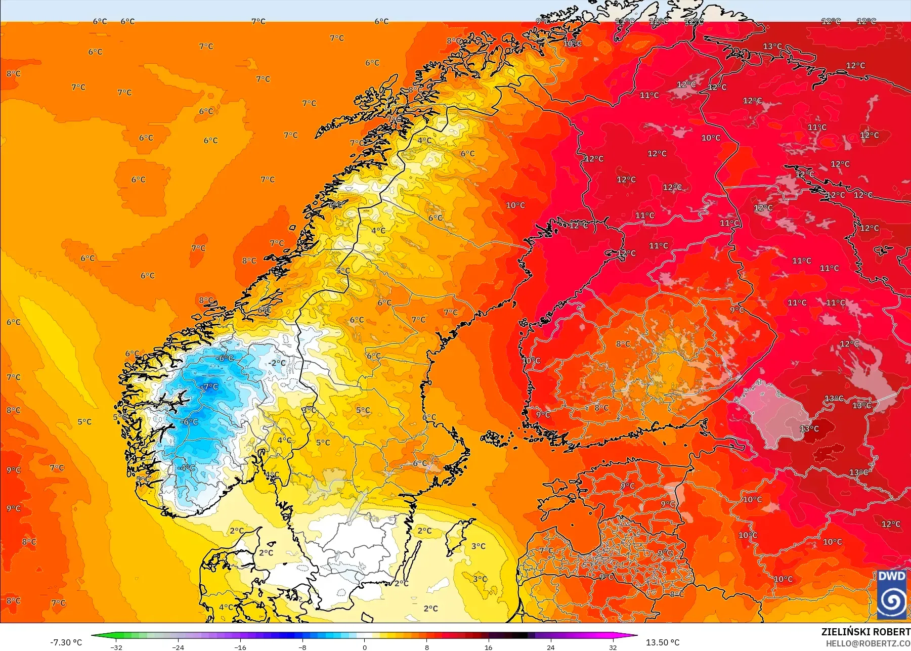 ICON نموذج - إسكندنافيا, انحراف درجة الحرارة 850 hPa