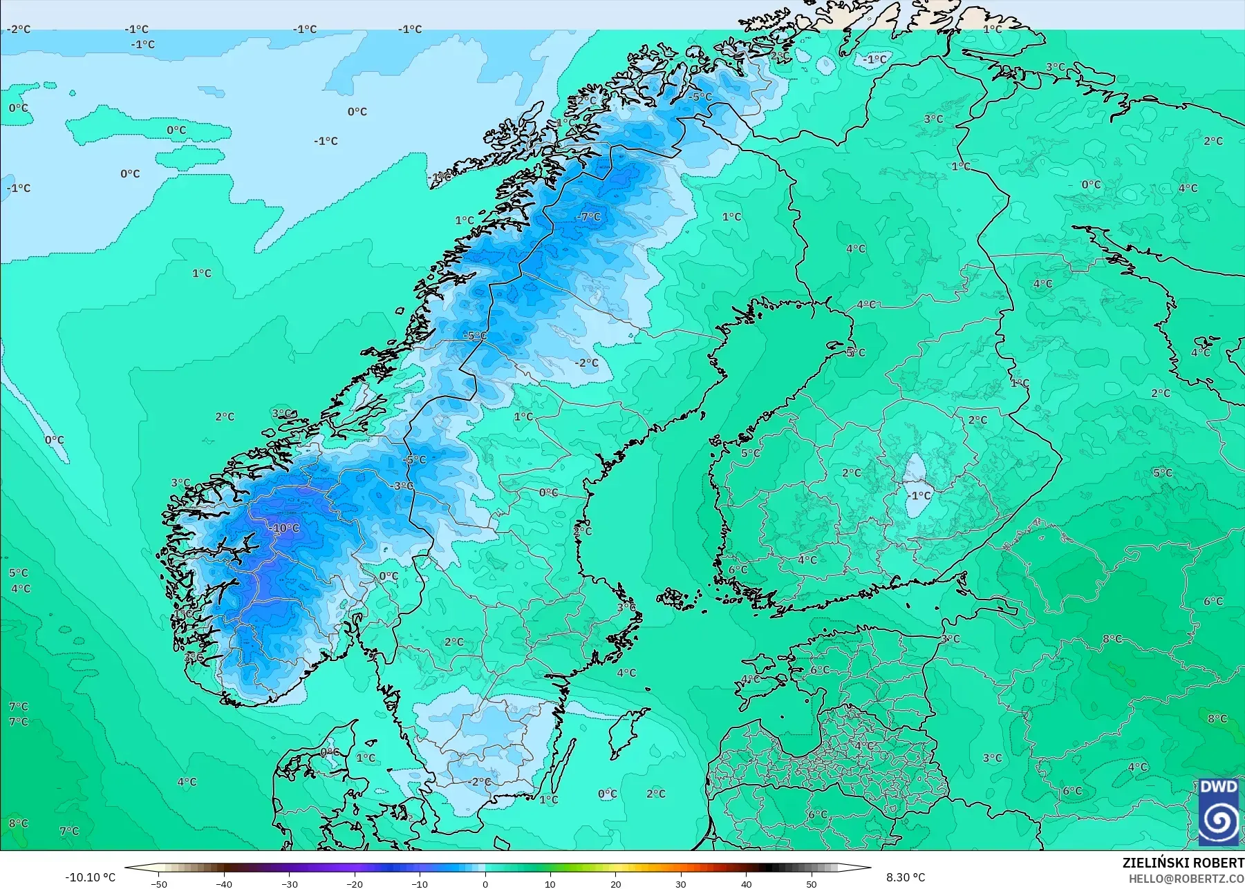 ICON نموذج - إسكندنافيا, درجة الحرارة 850 hPa
