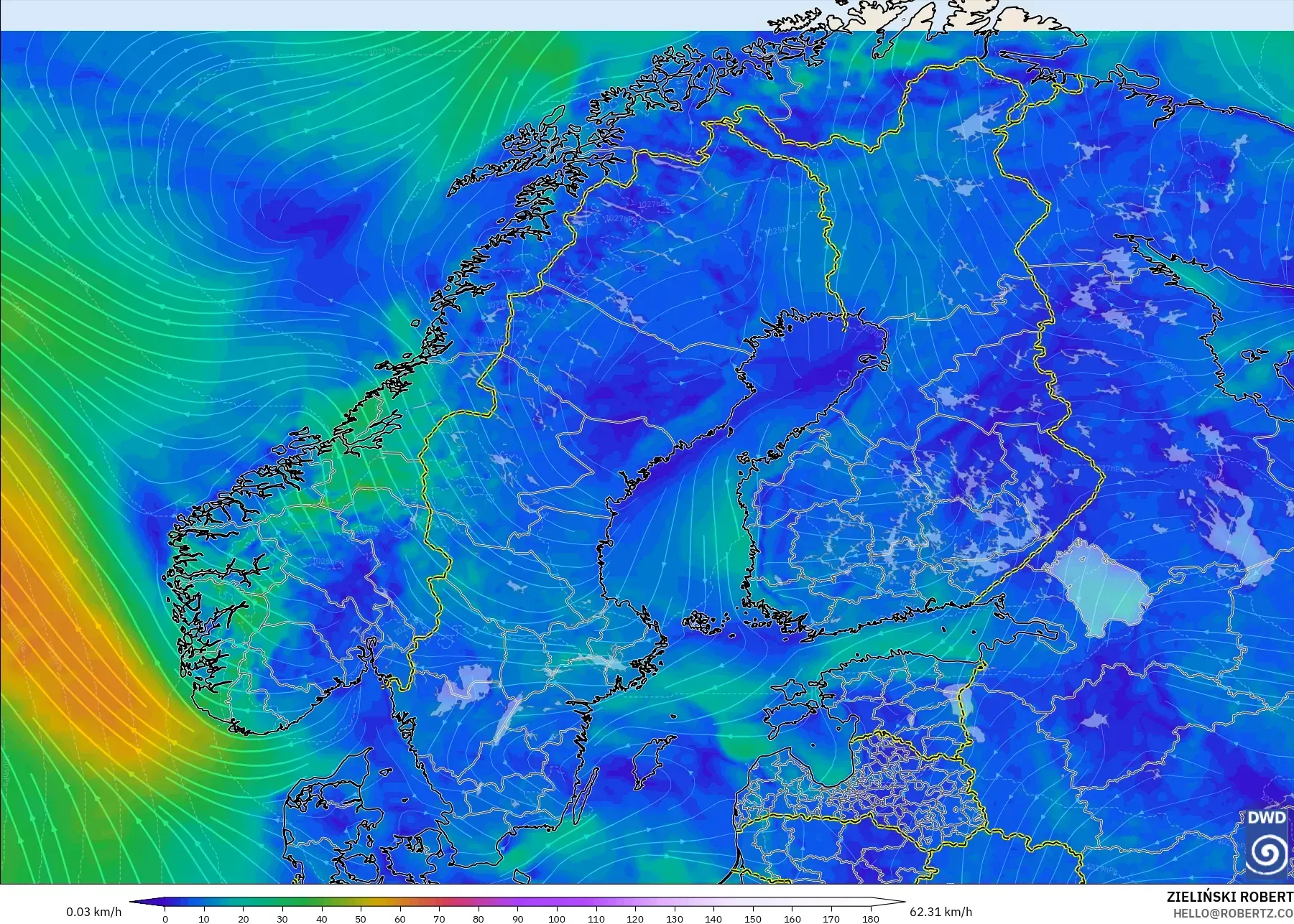 ICON نموذج - إسكندنافيا, رياح 10 م