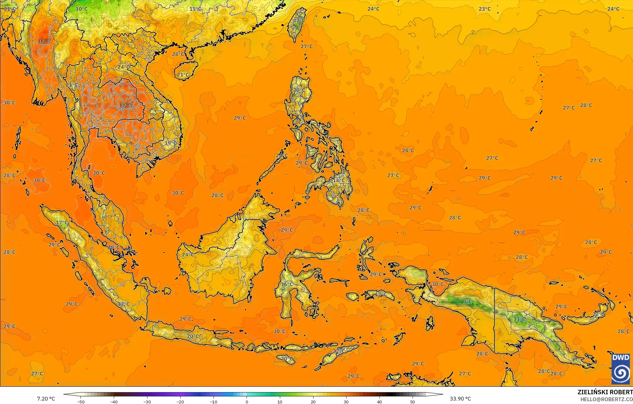 ICON نموذج - جنوب شرق آسيا, درجة الحرارة على ارتفاع 2 م