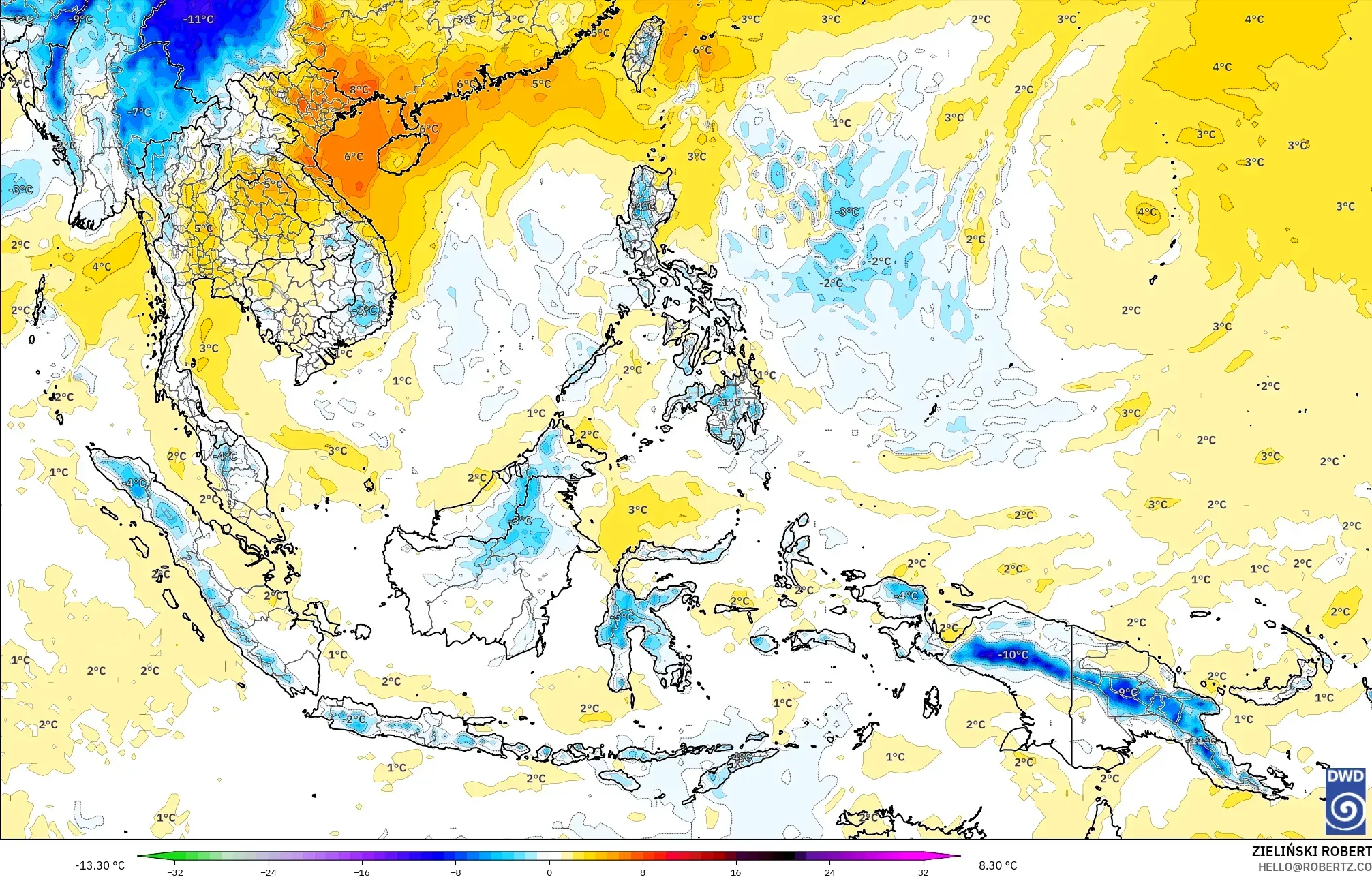 ICON نموذج - جنوب شرق آسيا, انحراف درجة الحرارة 850 hPa