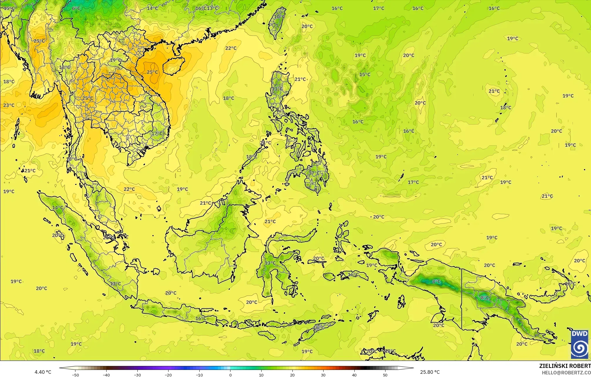 ICON نموذج - جنوب شرق آسيا, درجة الحرارة 850 hPa