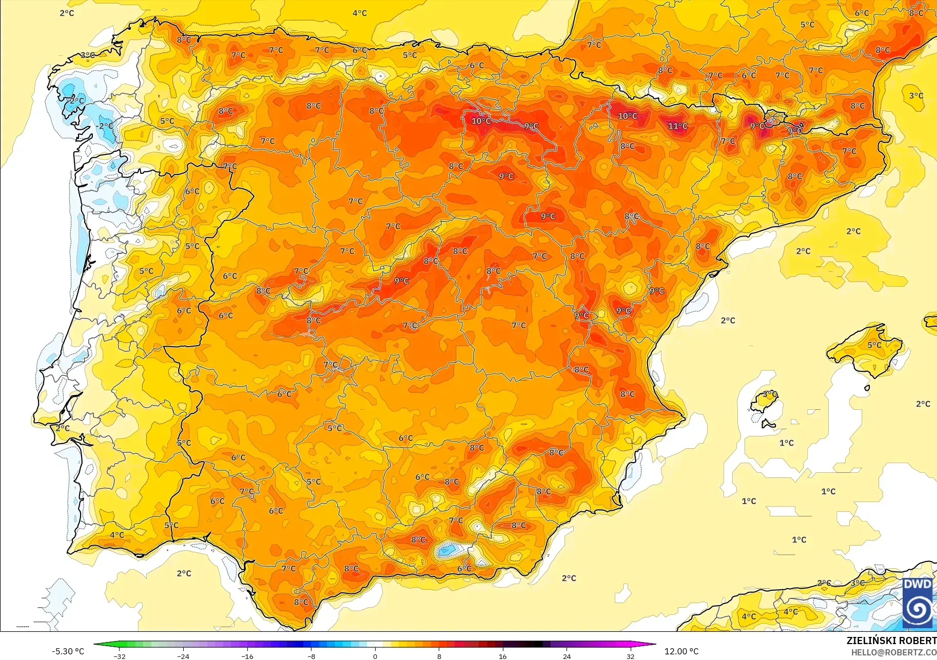 ICON نموذج - إسبانيا, انحراف درجة الحرارة 2 م