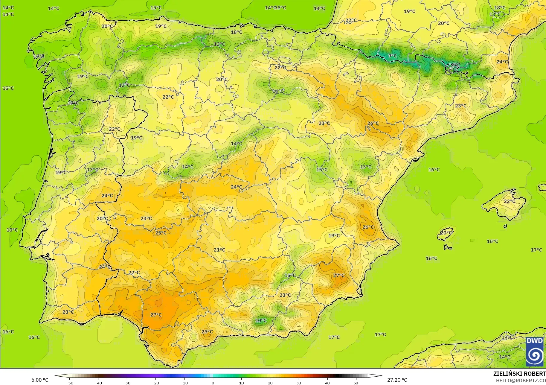 ICON نموذج - إسبانيا, درجة الحرارة على ارتفاع 2 م
