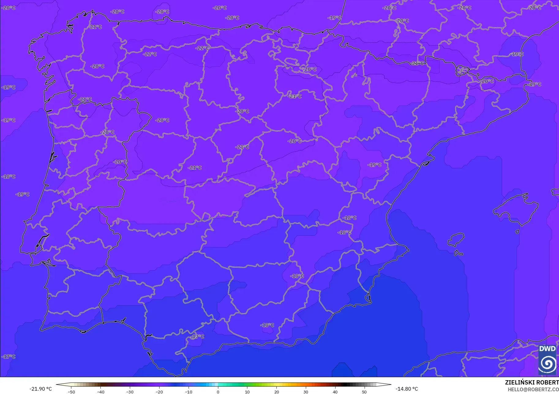 ICON نموذج - إسبانيا, درجة الحرارة 500 hPa