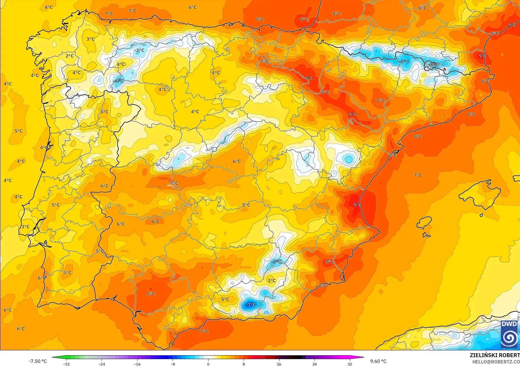ICON نموذج - إسبانيا, انحراف درجة الحرارة 850 hPa