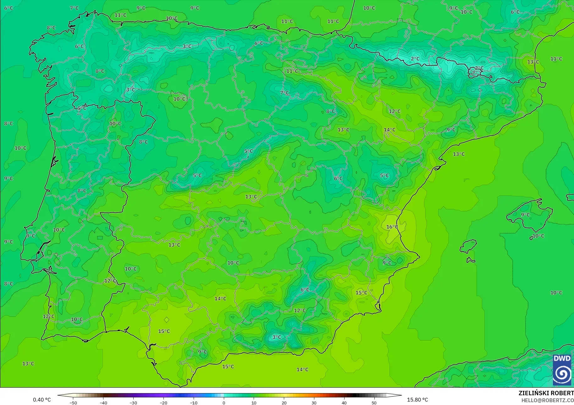 ICON نموذج - إسبانيا, درجة الحرارة 850 hPa