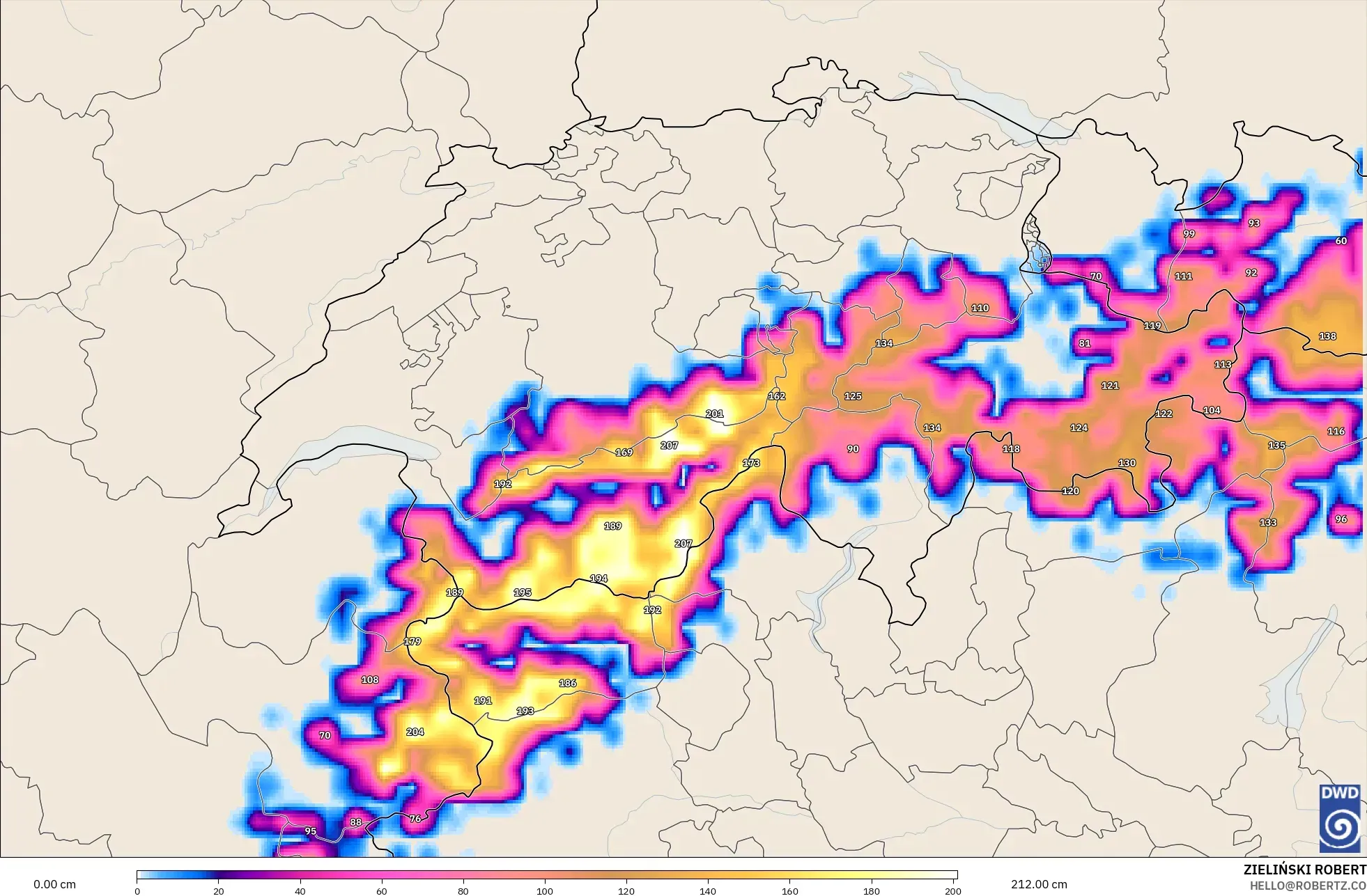 ICON نموذج - سويسرا, عمق الثلج
