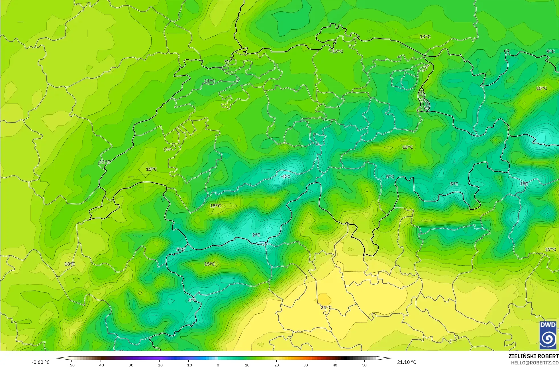 ICON نموذج - سويسرا, درجة الحرارة على ارتفاع 2 م