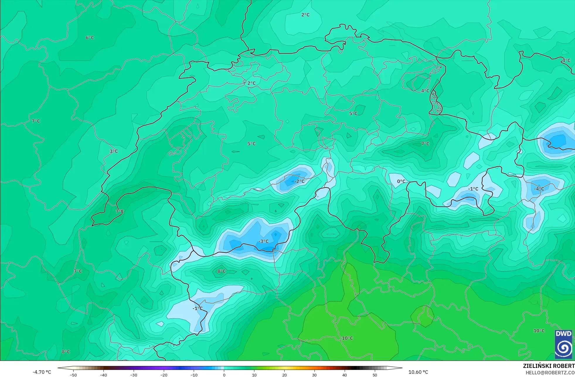 ICON نموذج - سويسرا, درجة الحرارة 850 hPa