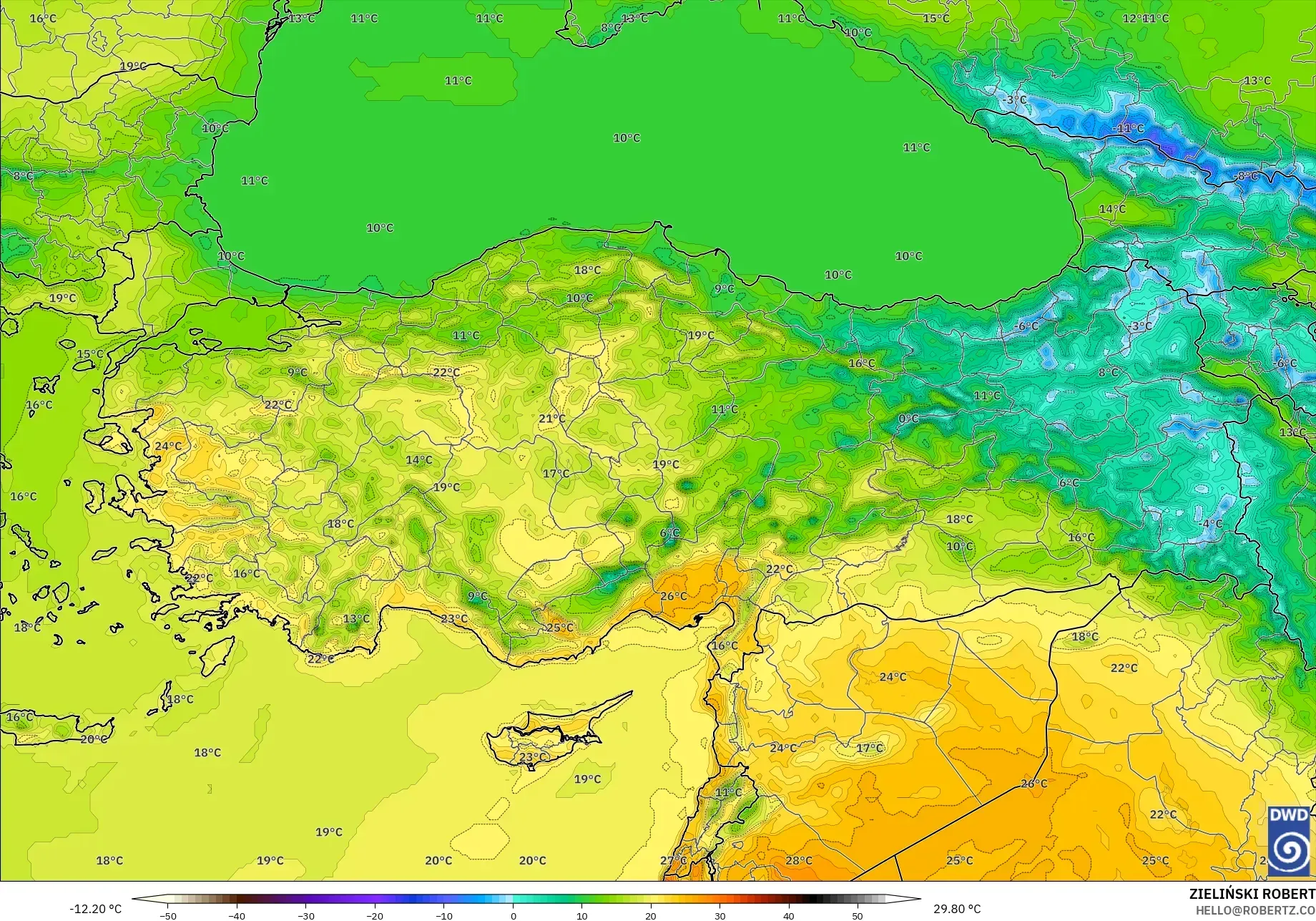 ICON نموذج - تركيا, درجة الحرارة على ارتفاع 2 م