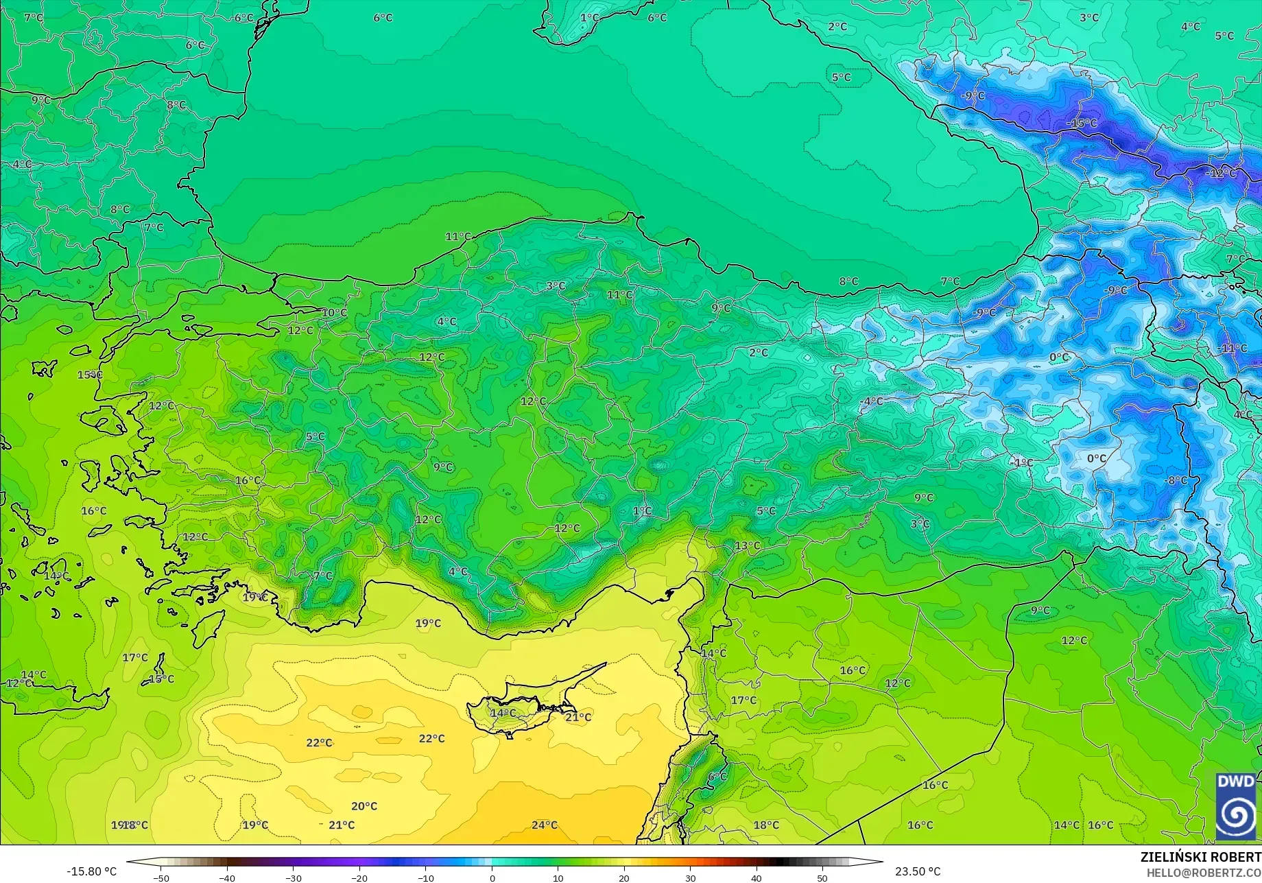 ICON نموذج - تركيا, درجة الحرارة 850 hPa